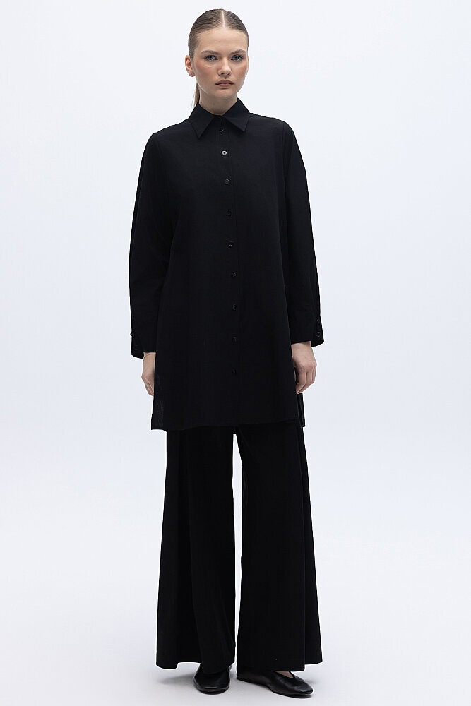 Miss Dalida Yanları Yırtmaçlı Düz Renk Poplin Gömlek BLACK - 4