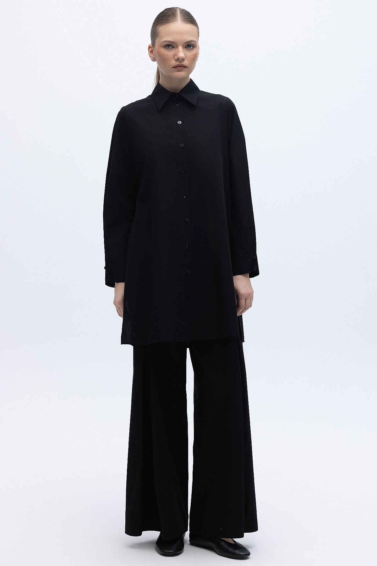 Miss Dalida Yanları Yırtmaçlı Düz Renk Poplin Gömlek BLACK - 4