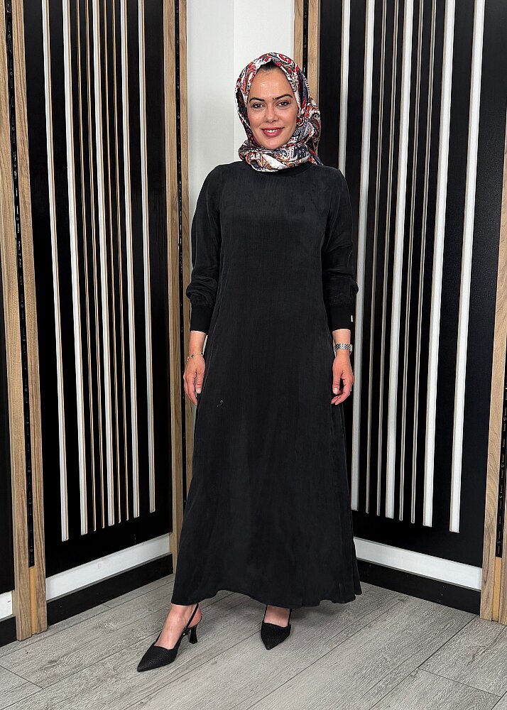 Miss Dalida Yuvarlak Yaka Cupro Uzun Elbise BLACK - 5