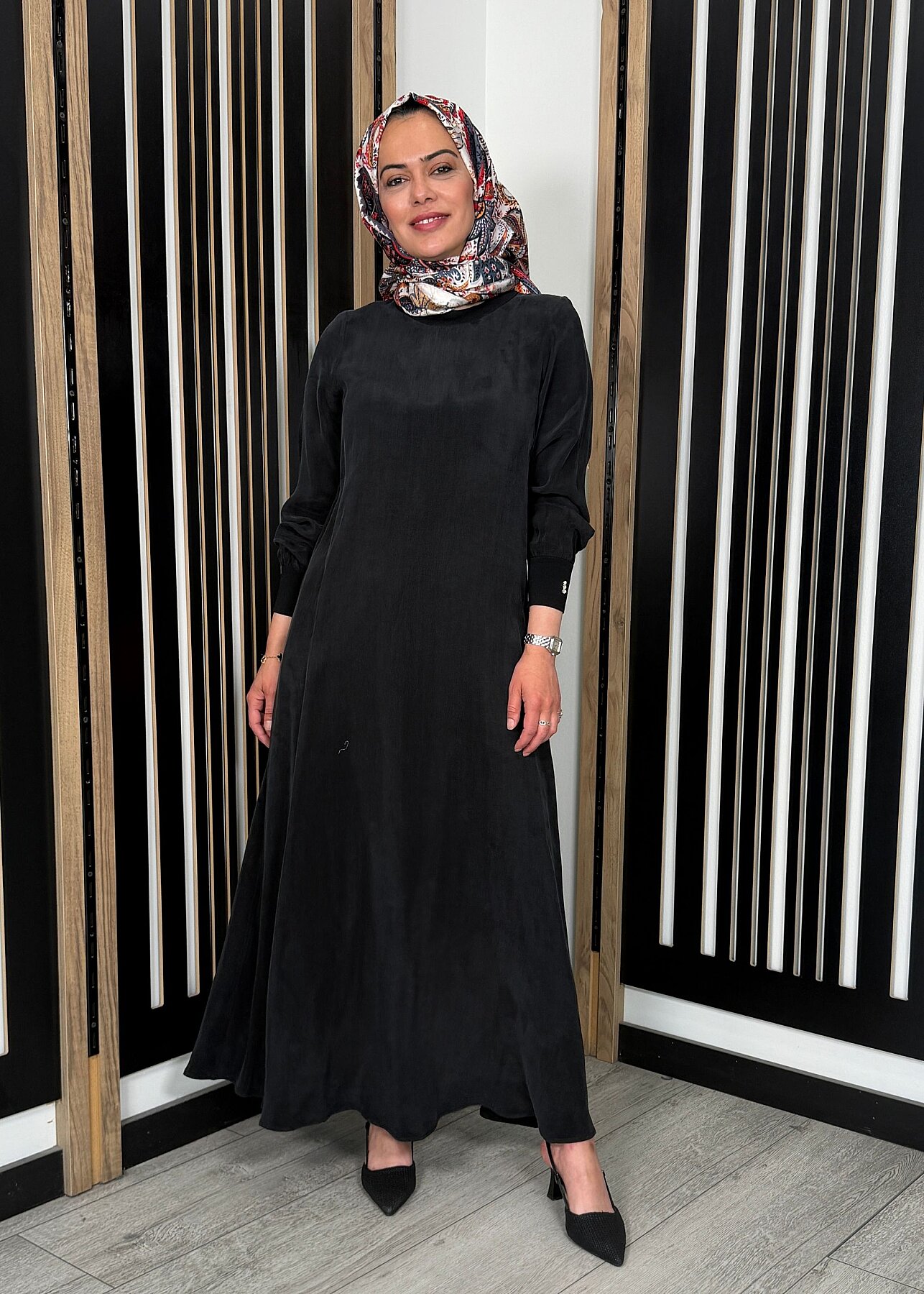 Miss Dalida Yuvarlak Yaka Cupro Uzun Elbise BLACK - 6
