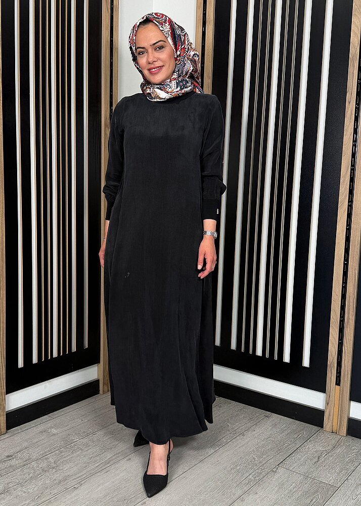 Miss Dalida Yuvarlak Yaka Cupro Uzun Elbise BLACK - 7