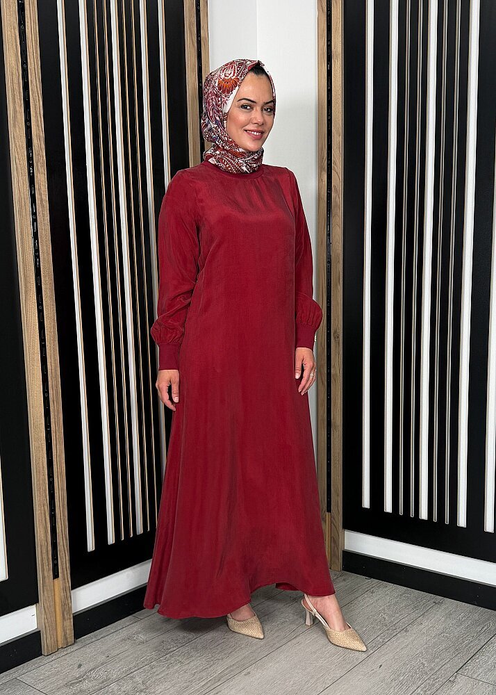 Miss Dalida Yuvarlak Yaka Cupro Uzun Elbise Cherry - 4