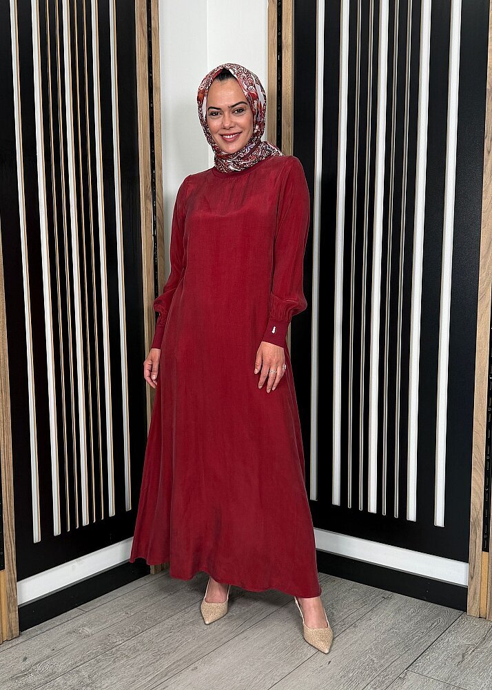 Miss Dalida Yuvarlak Yaka Cupro Uzun Elbise Cherry