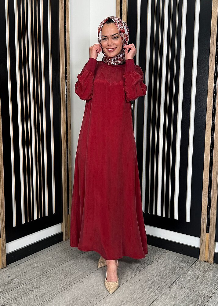 Miss Dalida Yuvarlak Yaka Cupro Uzun Elbise Cherry - 7