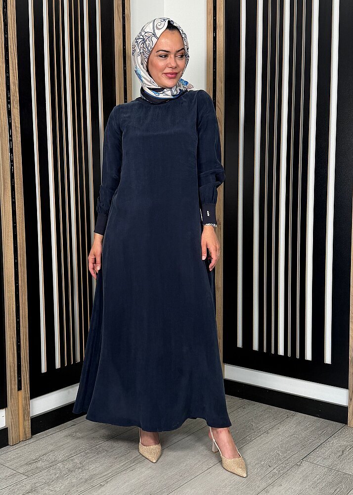 Miss Dalida Yuvarlak Yaka Cupro Uzun Elbise Dark Navy - 3