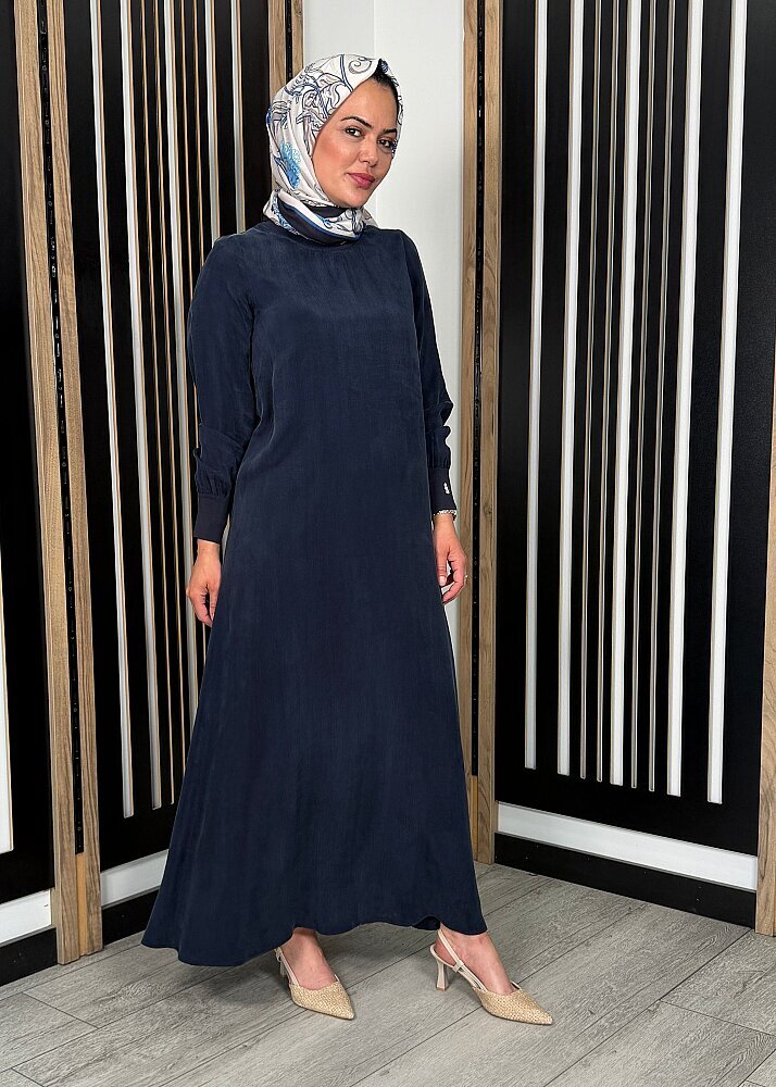 Miss Dalida Yuvarlak Yaka Cupro Uzun Elbise Dark Navy - 4