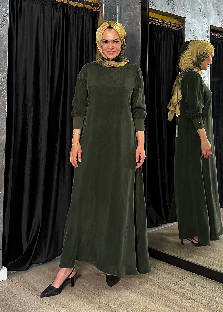 Miss Dalida Yuvarlak Yaka Cupro Uzun Elbise KHAKİ - 3