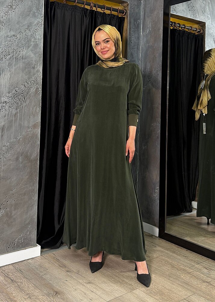 Miss Dalida Yuvarlak Yaka Cupro Uzun Elbise KHAKİ - 5