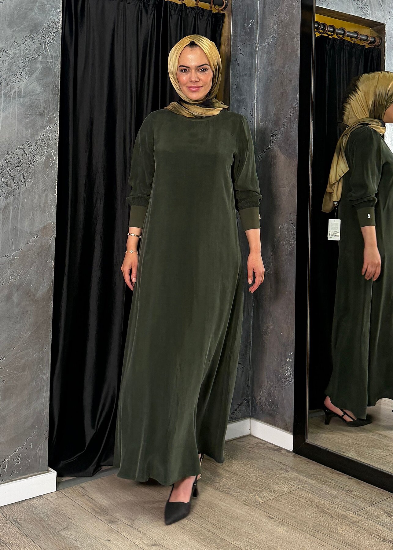 Miss Dalida Yuvarlak Yaka Cupro Uzun Elbise KHAKİ - 6