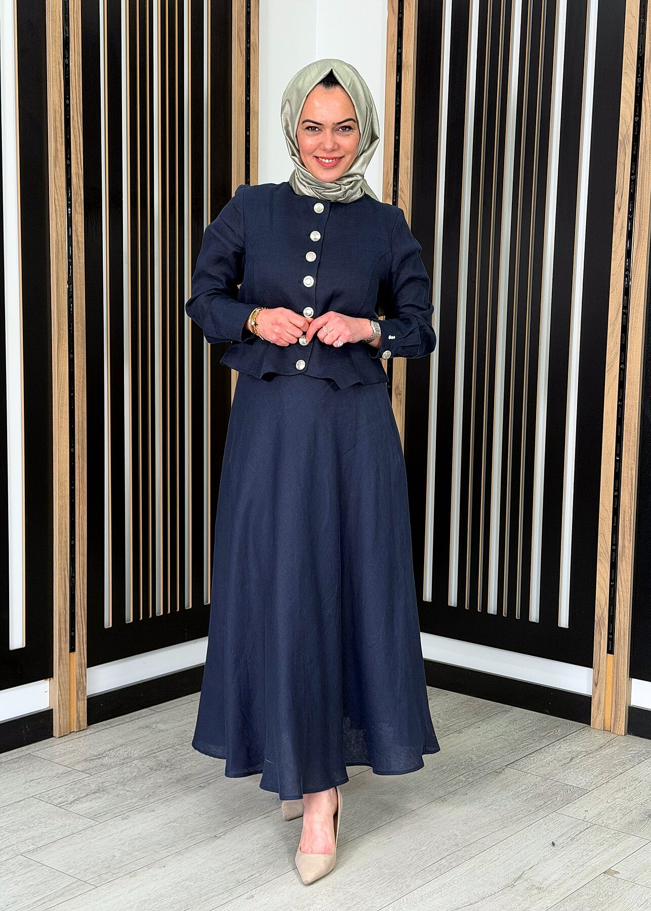 MissDalida Beli Lastikli Rahat Kesim Keten Etek Dark Navy - 2