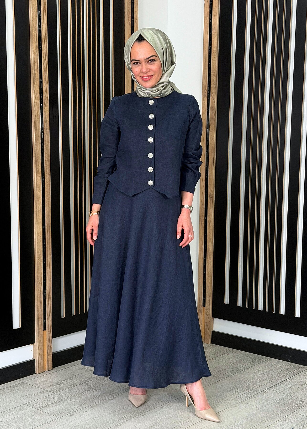 MissDalida Beli Lastikli Rahat Kesim Keten Etek Dark Navy - 3