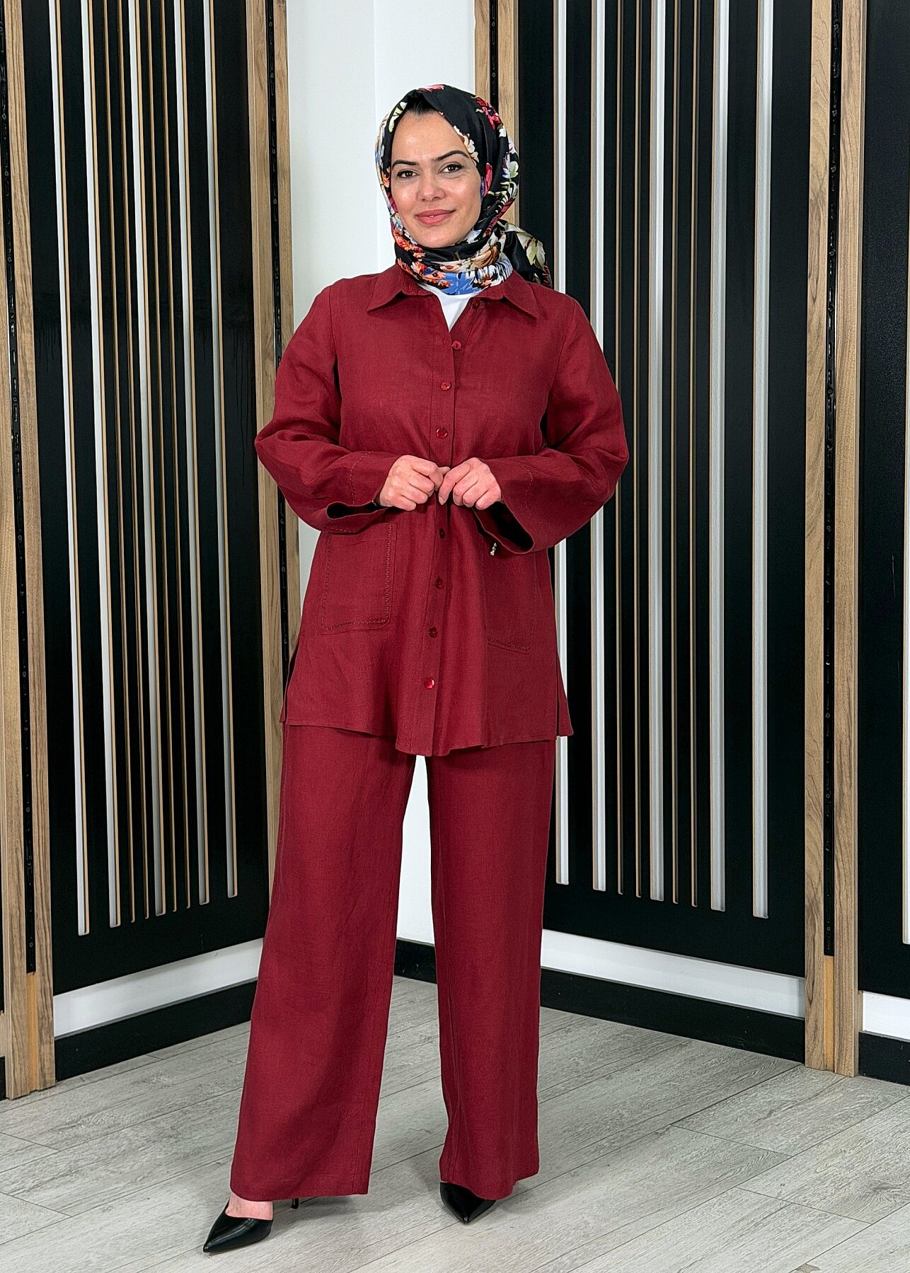 MissDalida Bol Paça İpek Keten Pantolon Cherry - 1