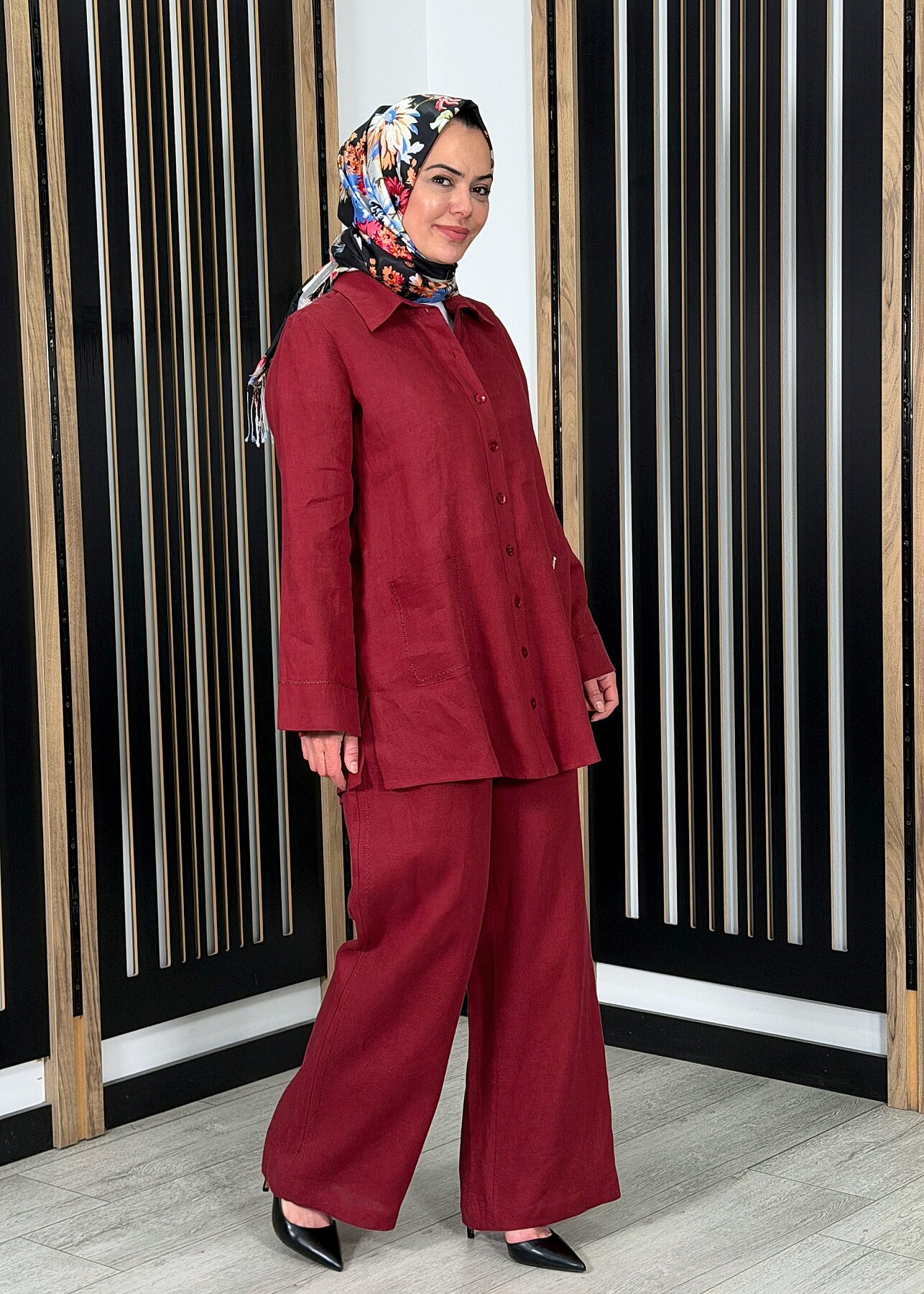 MissDalida Bol Paça İpek Keten Pantolon Cherry - 2