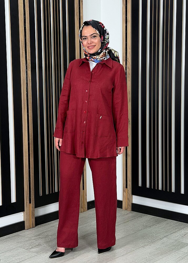 MissDalida Bol Paça İpek Keten Pantolon Cherry - 3