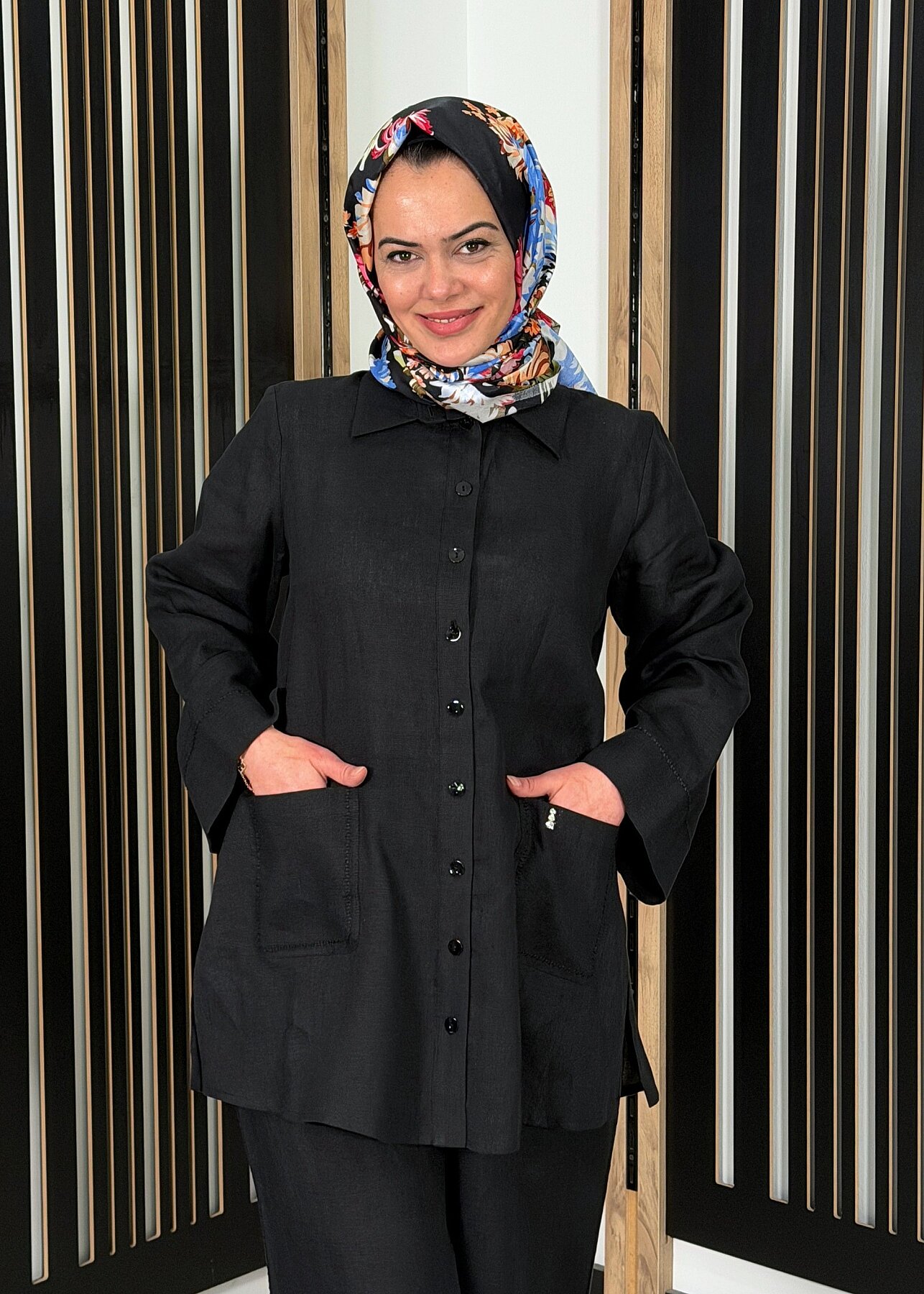 MissDalida Minimal Nakışlı Cepli Keten Gömlek BLACK - 2