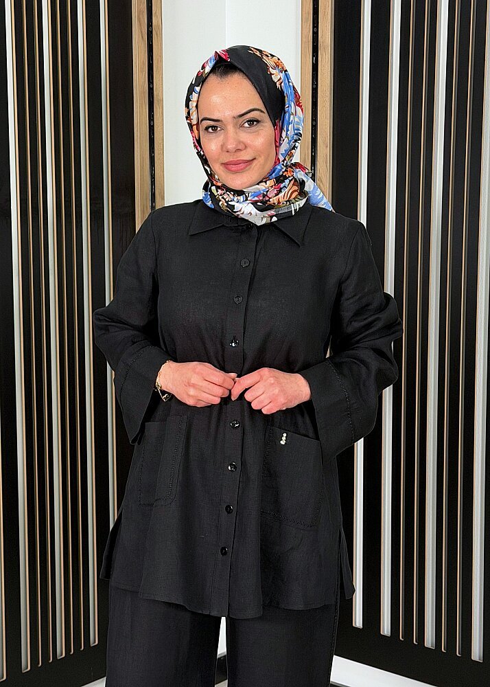 MissDalida Minimal Nakışlı Cepli Keten Gömlek BLACK - 3