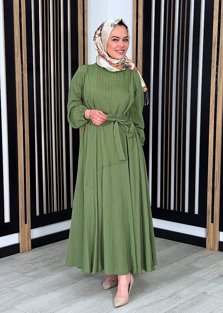 MissWhence Bileği Lastikli Kuşaklı Elbise YEŞİL - 2