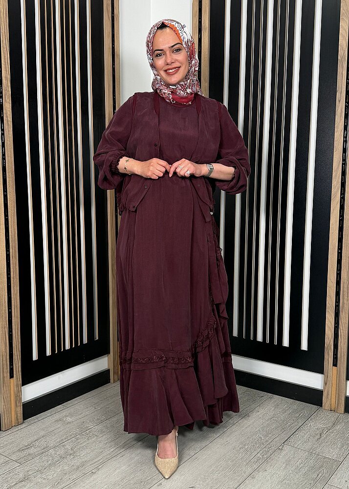 MissWhence Dantel Detaylı Yelekli Elbise BORDO - 4