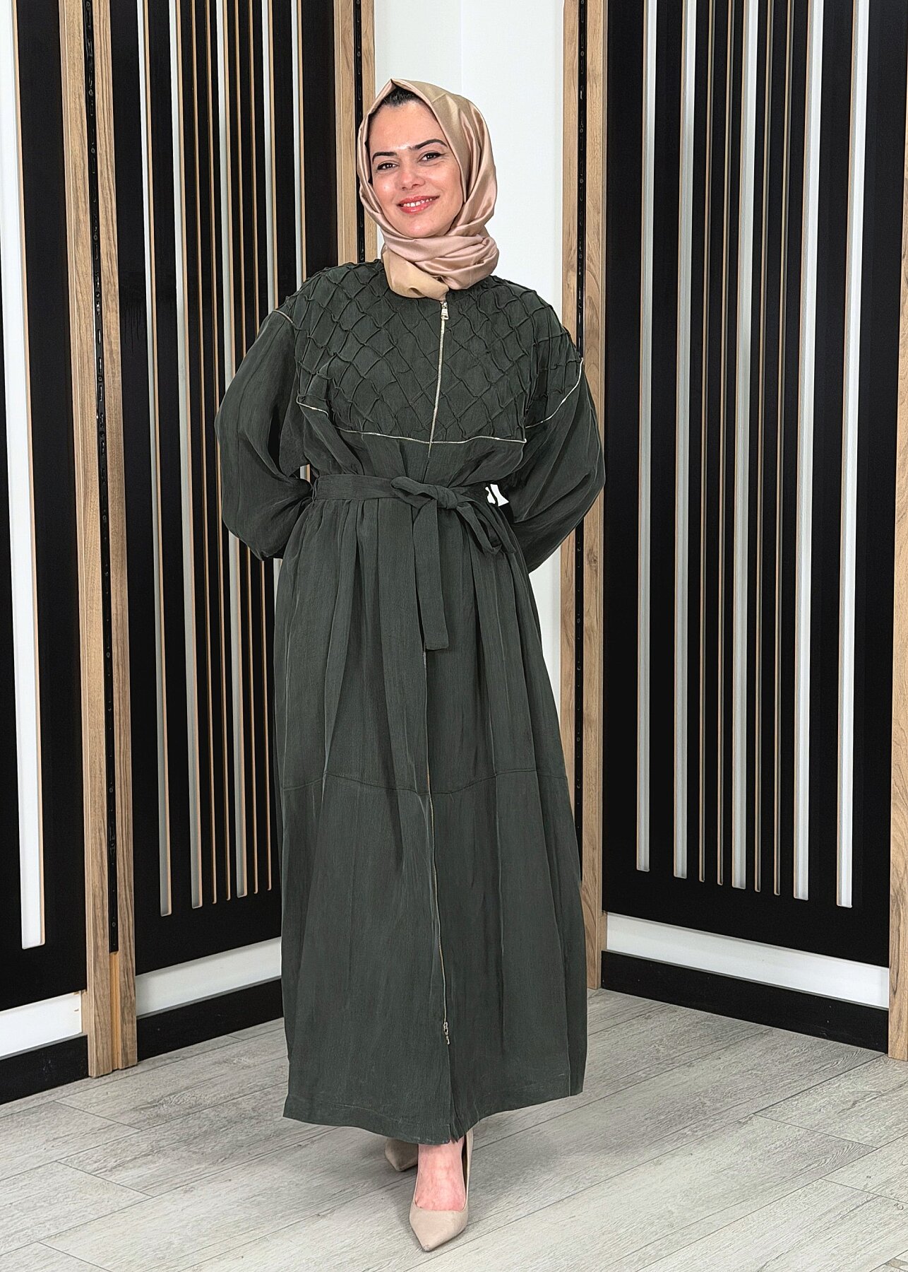 MissWhence Kare Desenli Fermuar Detaylı Ferace YEŞİL - 3