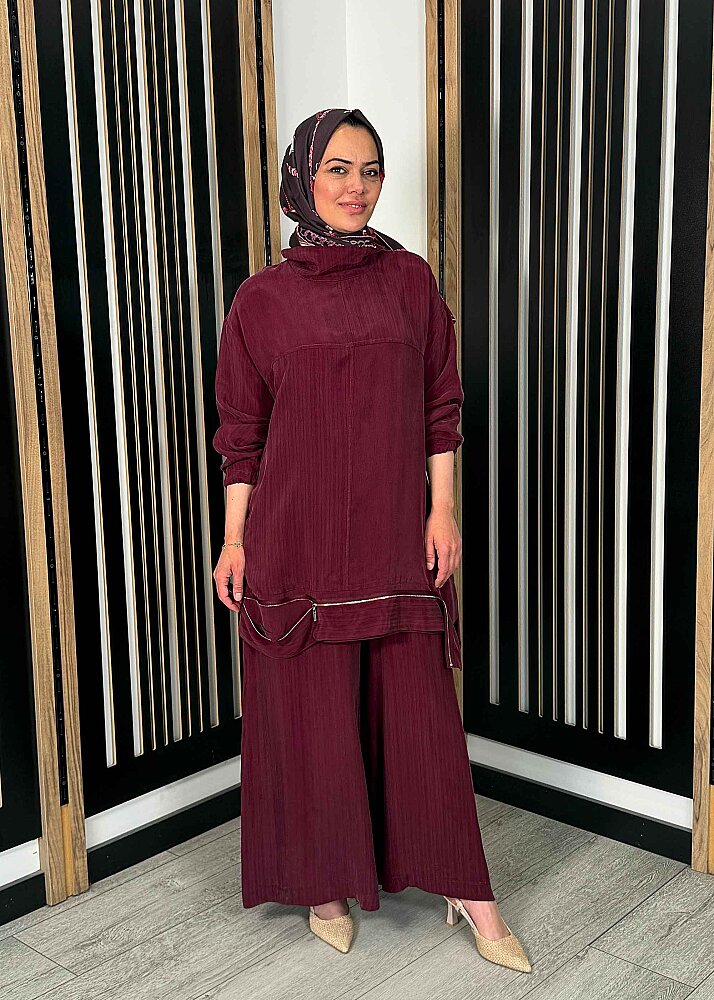 MissWhence Tuniğinin Etek Ucu Fermuar Detaylı Pantolon Takım BORDO