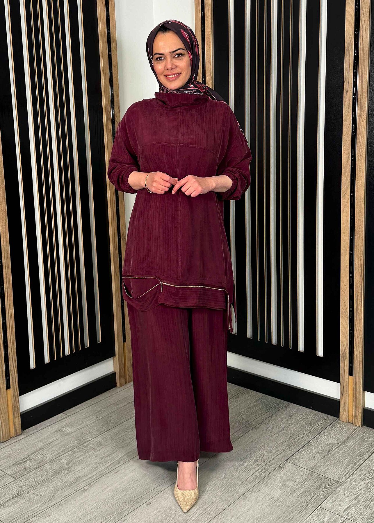 MissWhence Tuniğinin Etek Ucu Fermuar Detaylı Pantolon Takım BORDO - 3