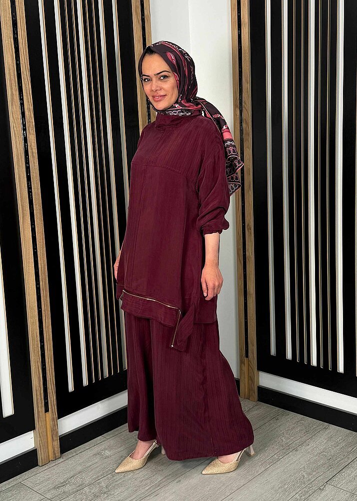 MissWhence Tuniğinin Etek Ucu Fermuar Detaylı Pantolon Takım BORDO - 4