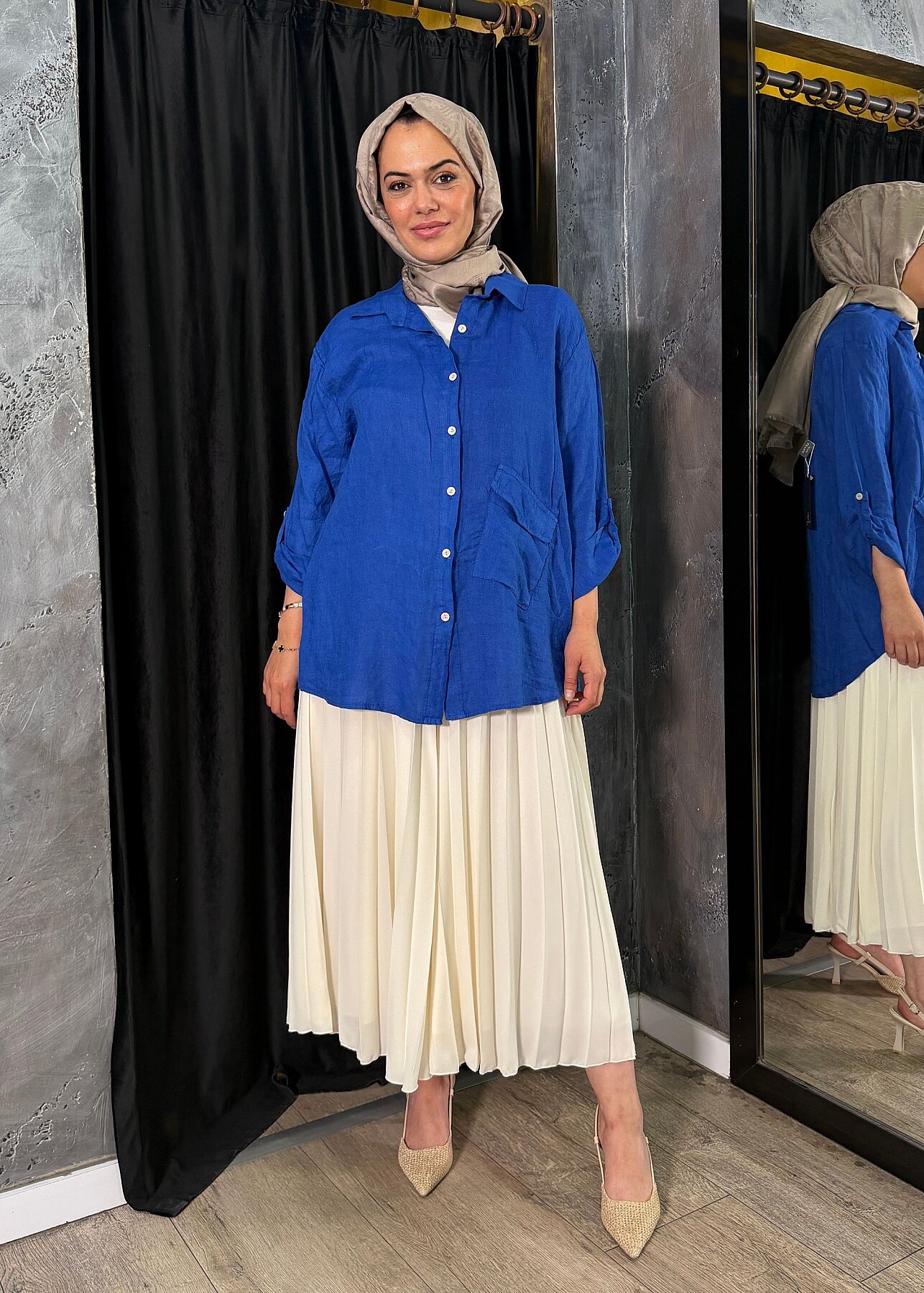 Nazlınur Collection Alt Cepli Keten Gömlek LACİVERT - 2