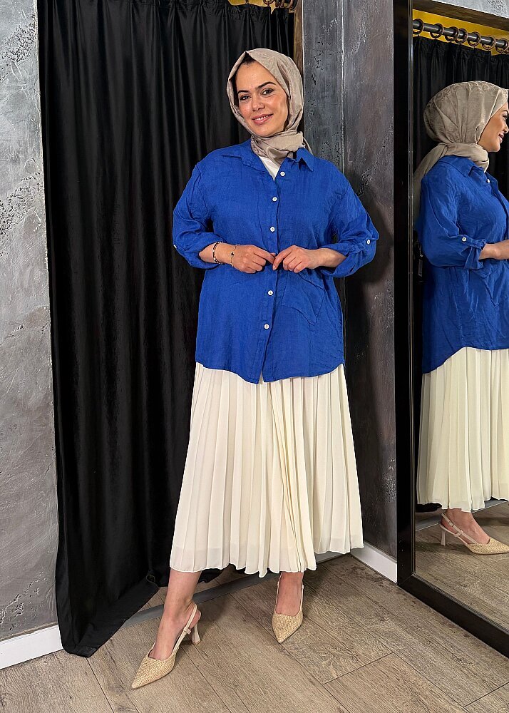Nazlınur Collection Alt Cepli Keten Gömlek LACİVERT - 4
