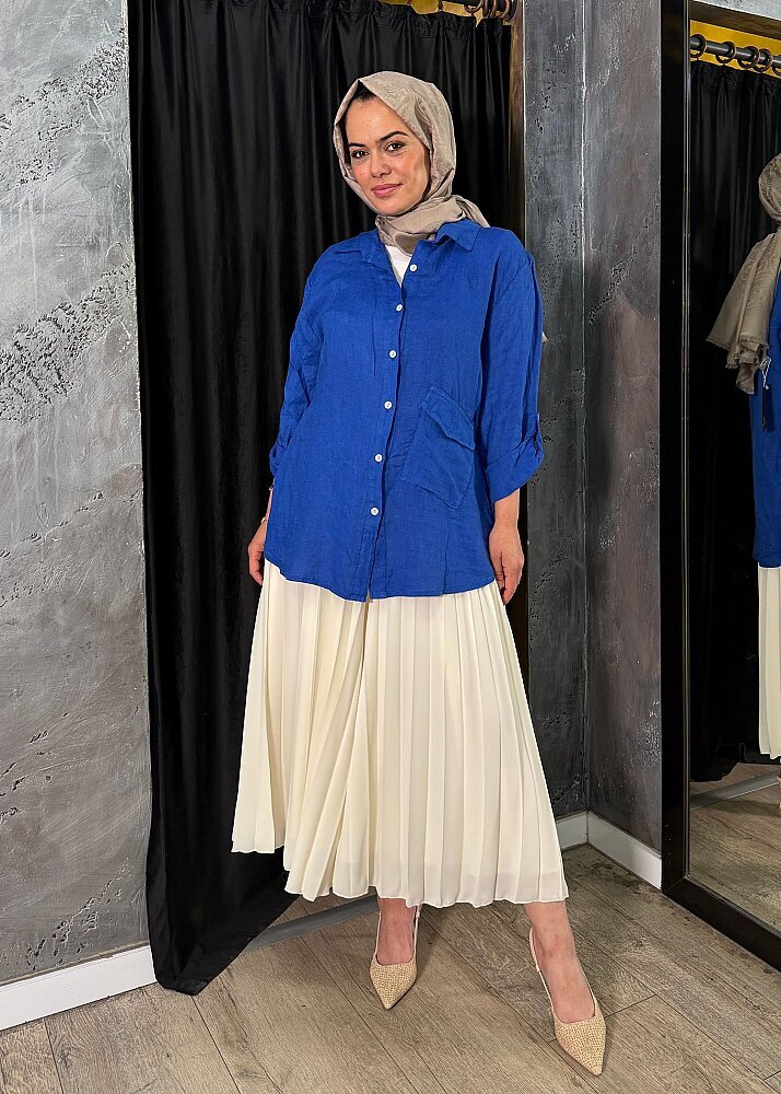 Nazlınur Collection Alt Cepli Keten Gömlek LACİVERT - 6