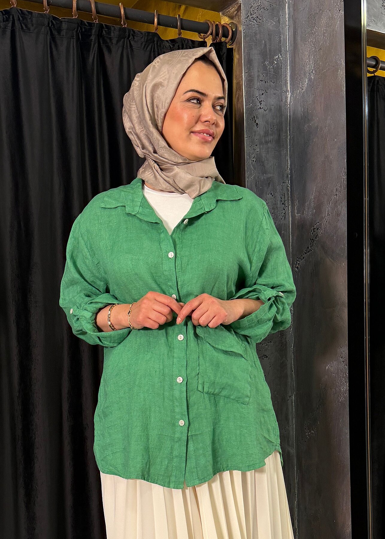 Nazlınur Collection Alt Cepli Keten Gömlek YEŞİL - 3