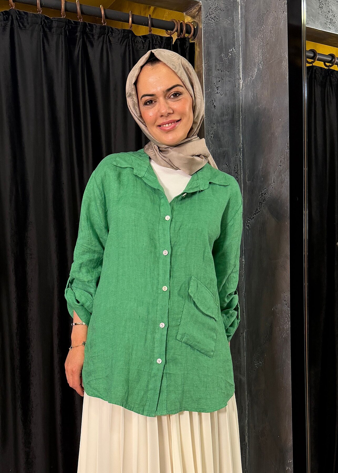 Nazlınur Collection Alt Cepli Keten Gömlek YEŞİL - 1