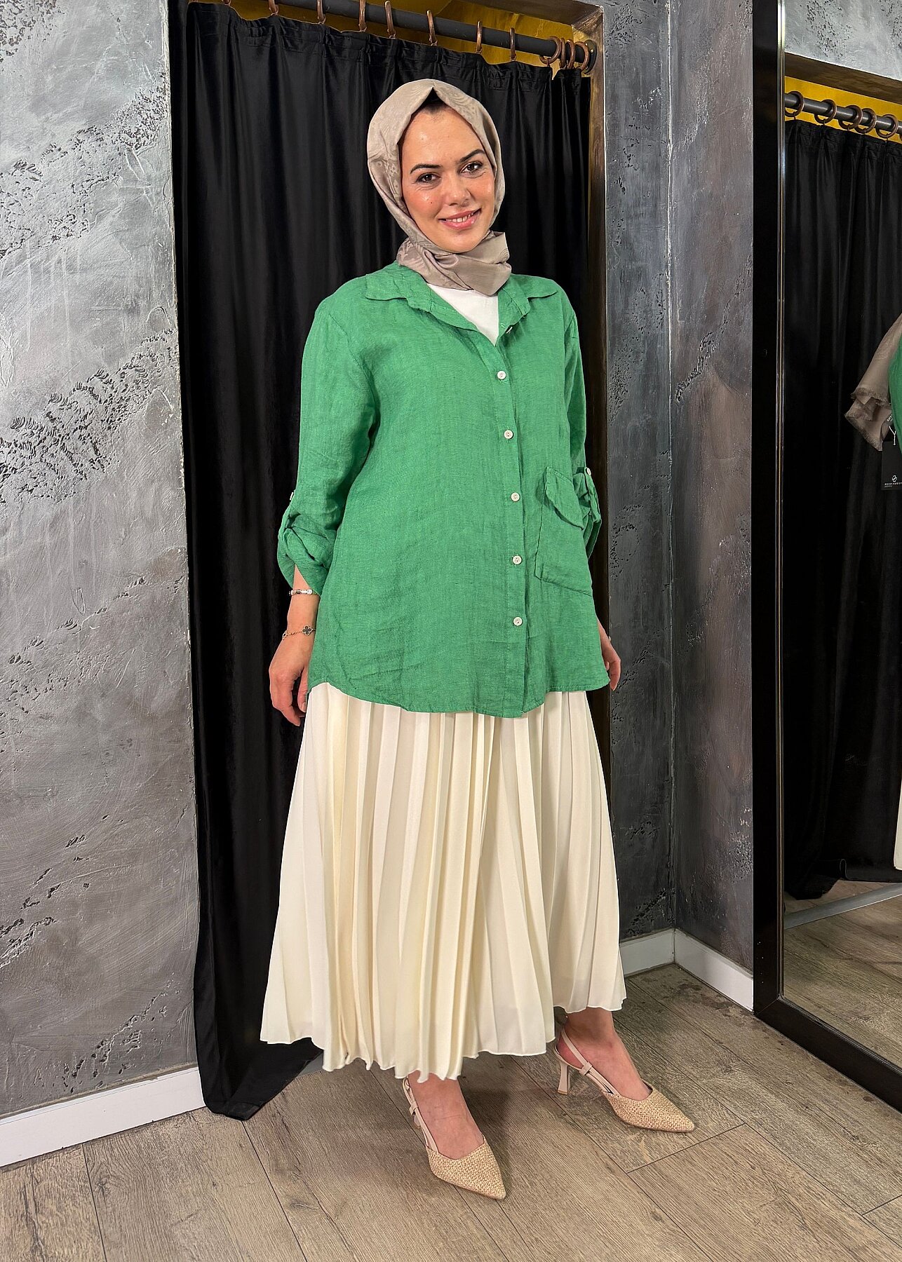 Nazlınur Collection Alt Cepli Keten Gömlek YEŞİL - 5
