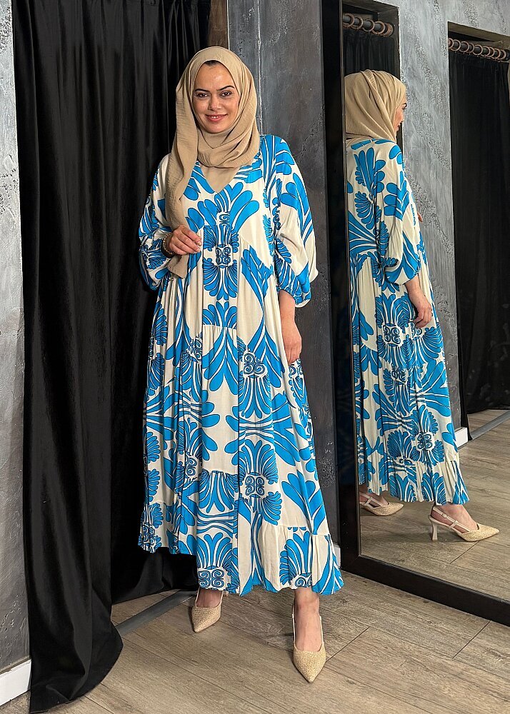 Nazlınur Collection Bileği Büzgülü Desenli Elbise MAVİ