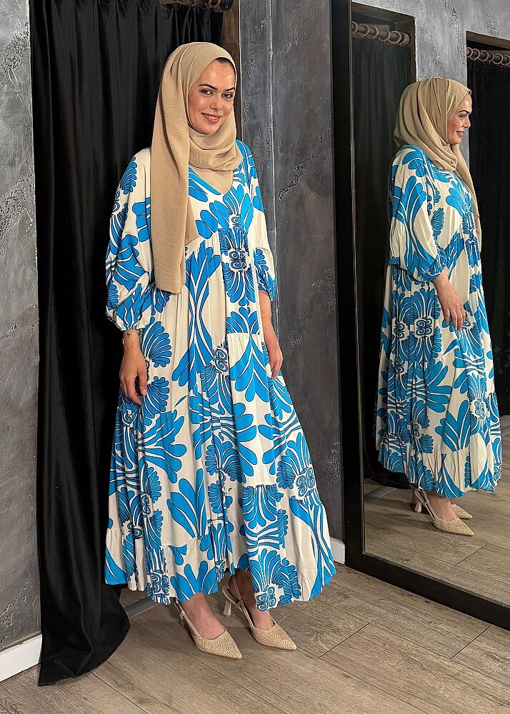 Nazlınur Collection Bileği Büzgülü Desenli Elbise MAVİ - 3
