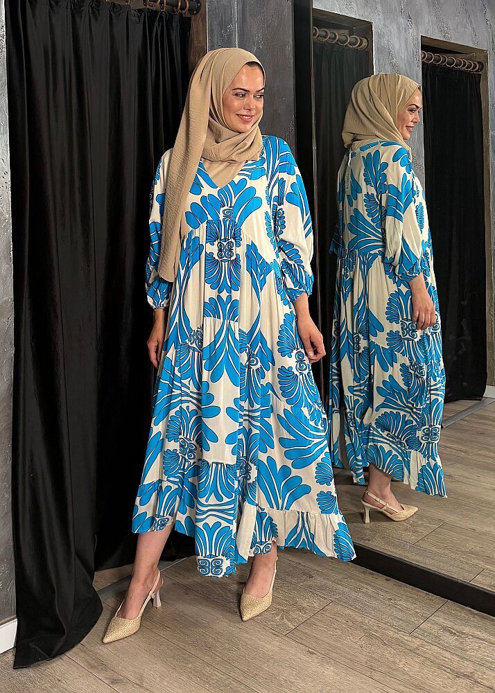 Nazlınur Collection Bileği Büzgülü Desenli Elbise MAVİ - 4