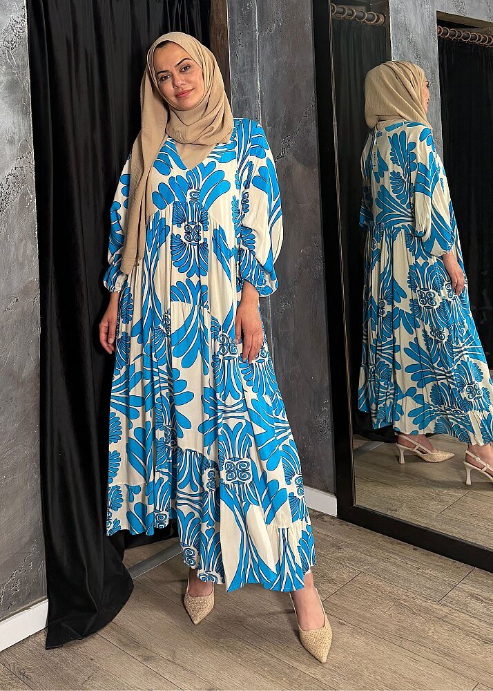 Nazlınur Collection Bileği Büzgülü Desenli Elbise MAVİ - 5