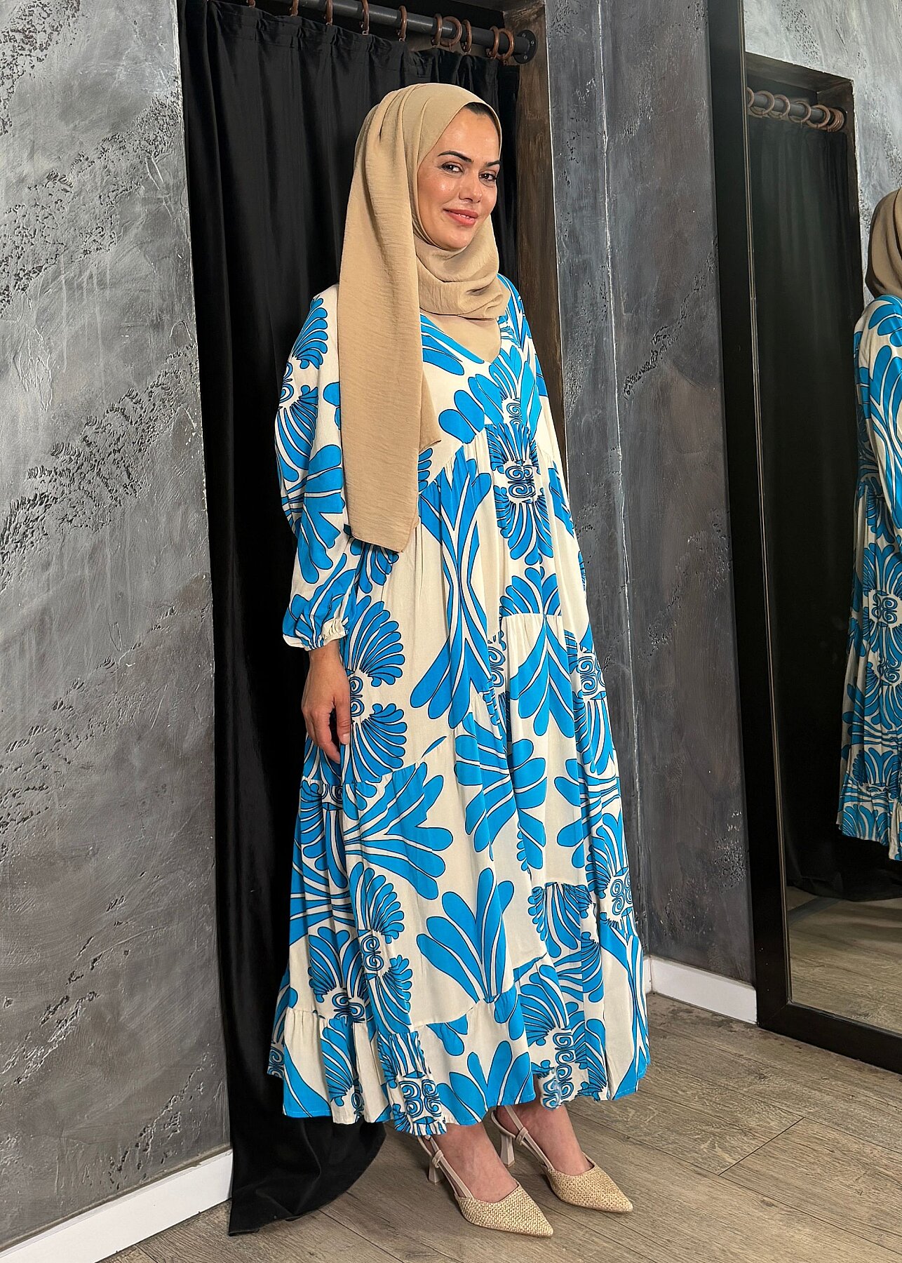 Nazlınur Collection Bileği Büzgülü Desenli Elbise MAVİ - 6
