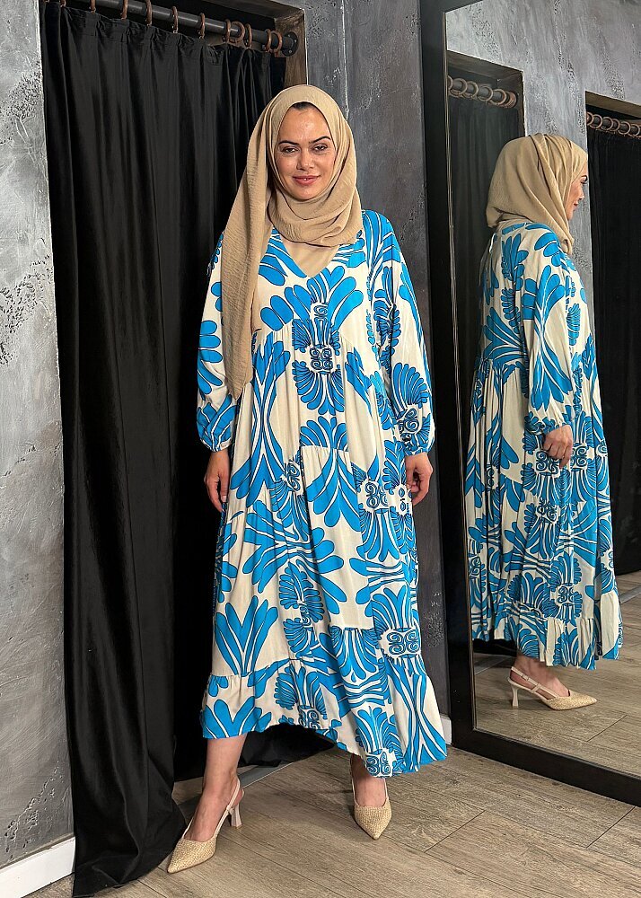 Nazlınur Collection Bileği Büzgülü Desenli Elbise MAVİ - 7