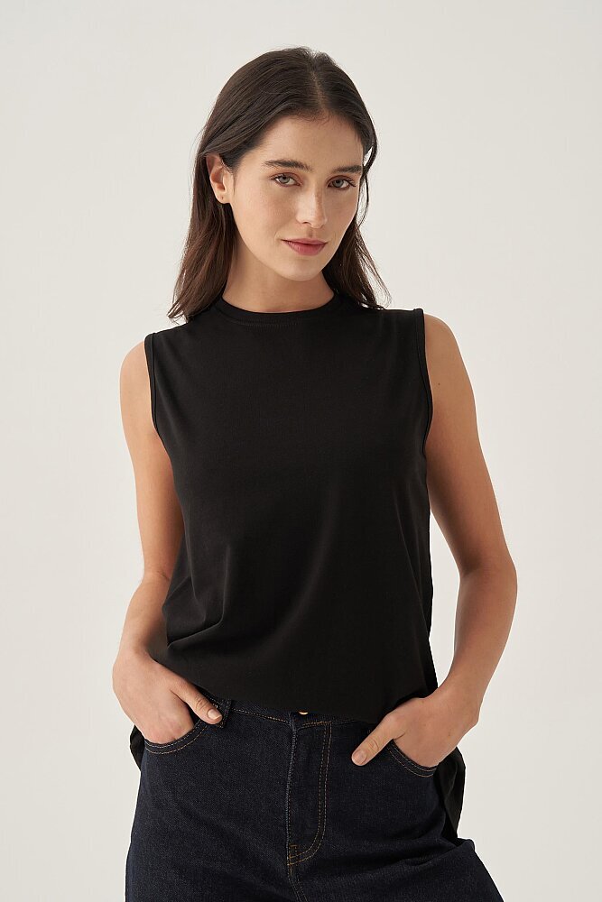 Nazlınur Collection Bisiklet Yaka Kolsuz Pamuklu Likralı T-Shirt SİYAH