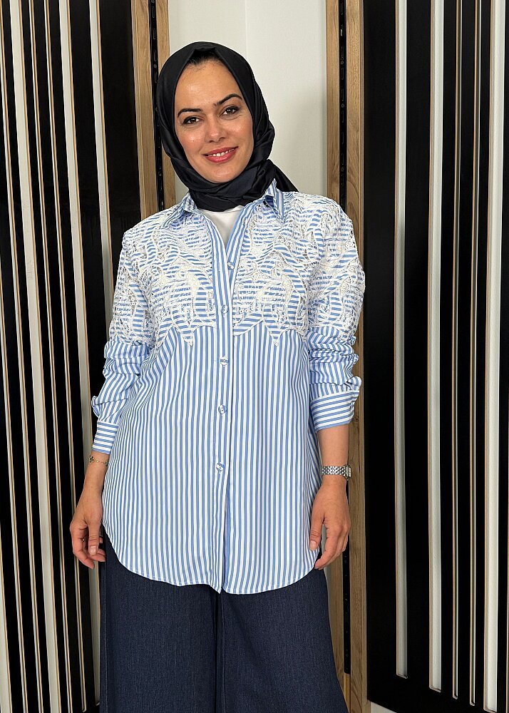 Nazlınur Collection Brode Detaylı Çizgili Gömlek MAVİ