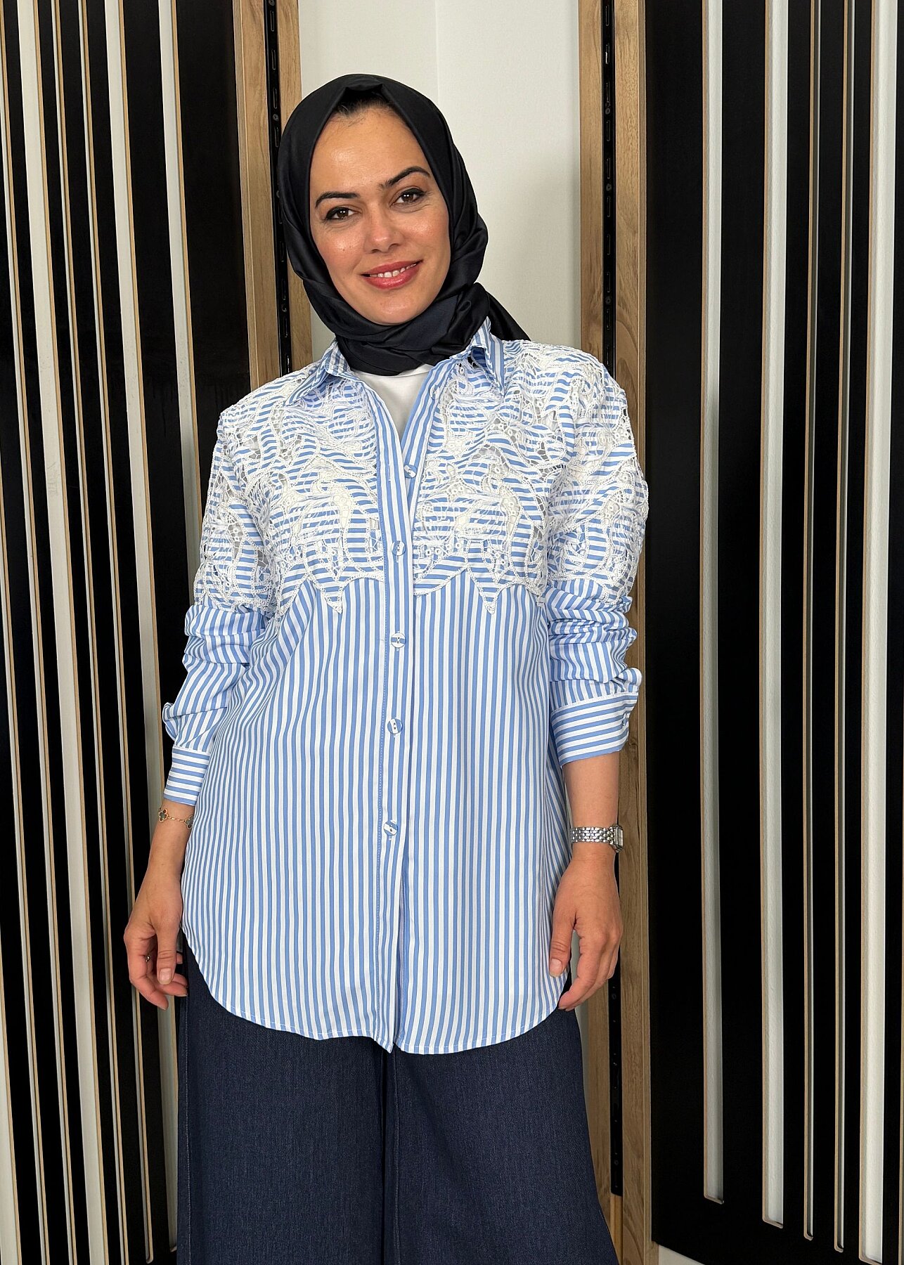 Nazlınur Collection Brode Detaylı Çizgili Gömlek MAVİ - 1