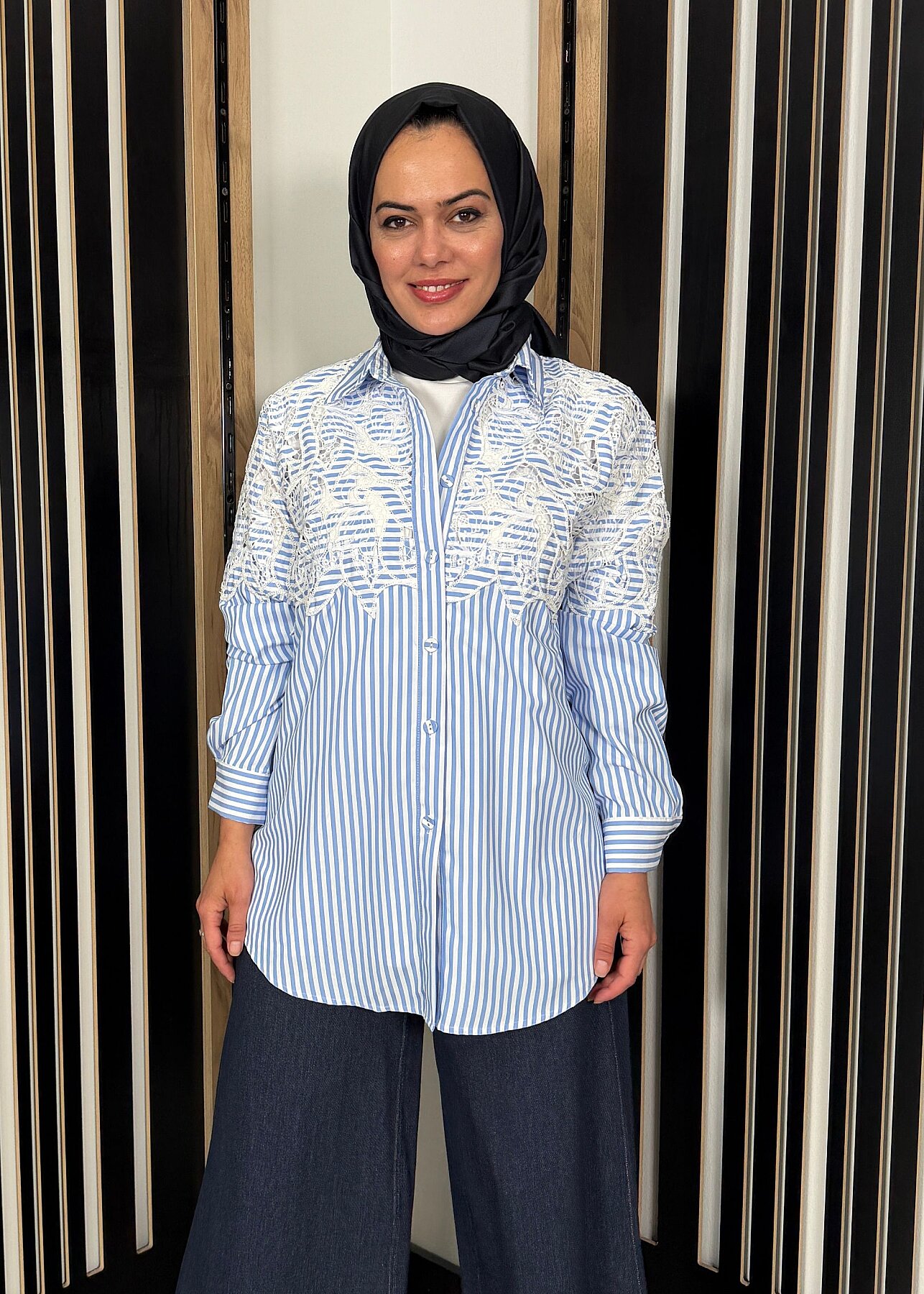 Nazlınur Collection Brode Detaylı Çizgili Gömlek MAVİ - 4