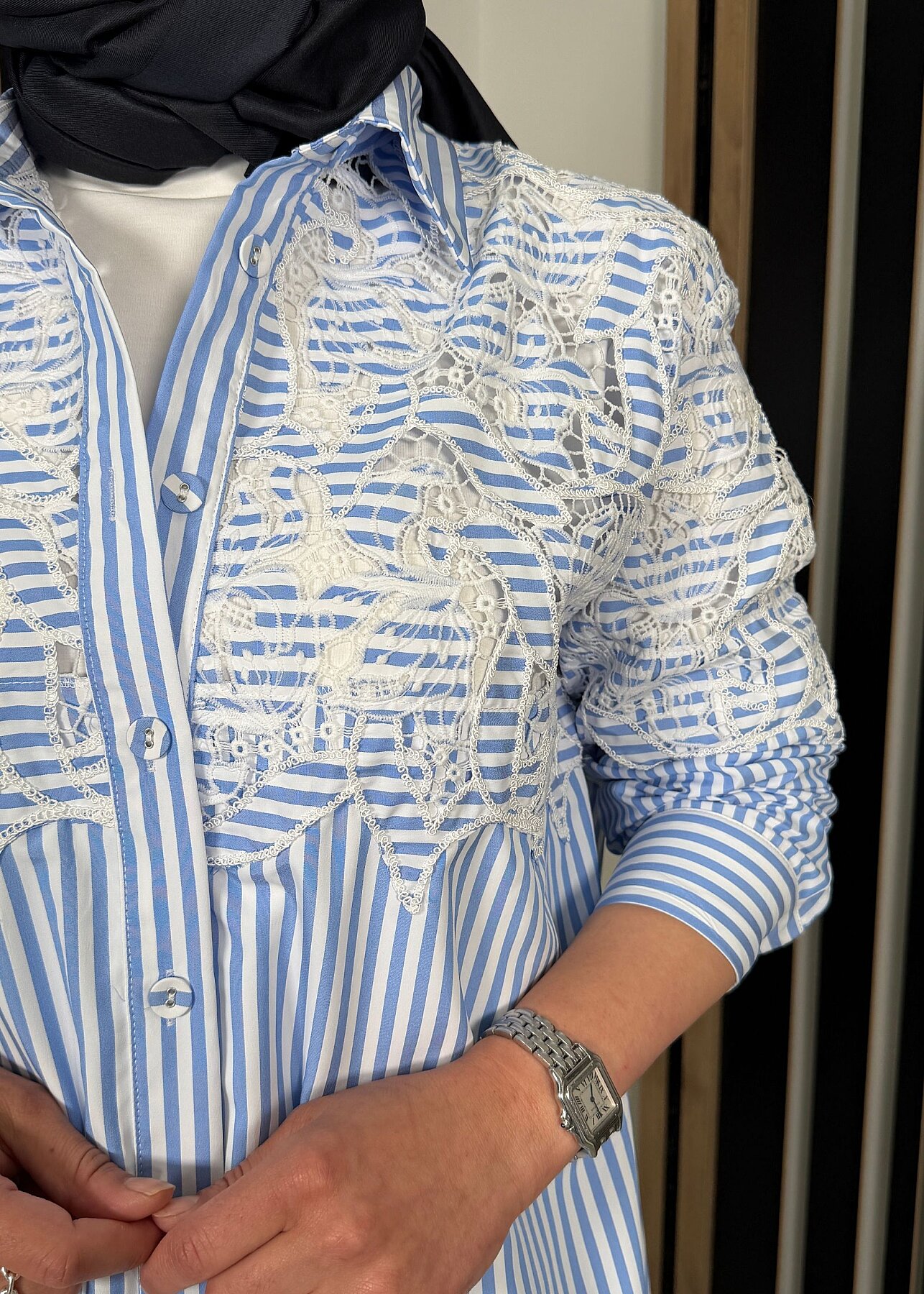Nazlınur Collection Brode Detaylı Çizgili Gömlek MAVİ - 5