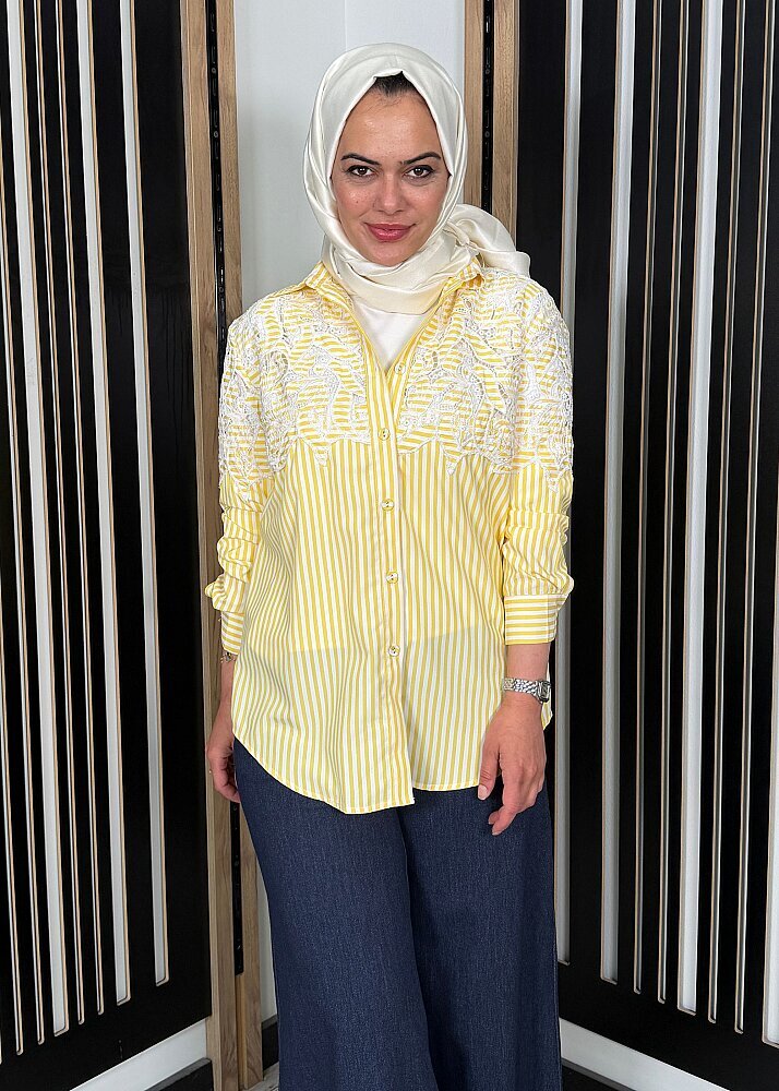 Nazlınur Collection Brode Detaylı Çizgili Gömlek SARI - 2