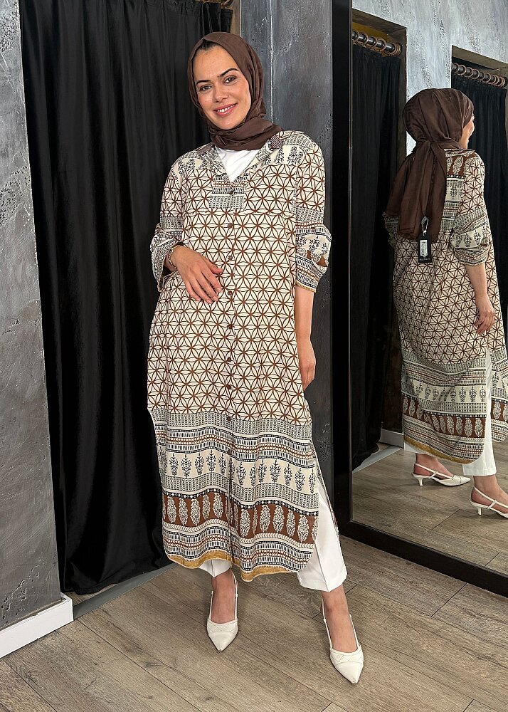 Nazlınur Collection Çift Cepli Çiçekli Elbise KAHVE