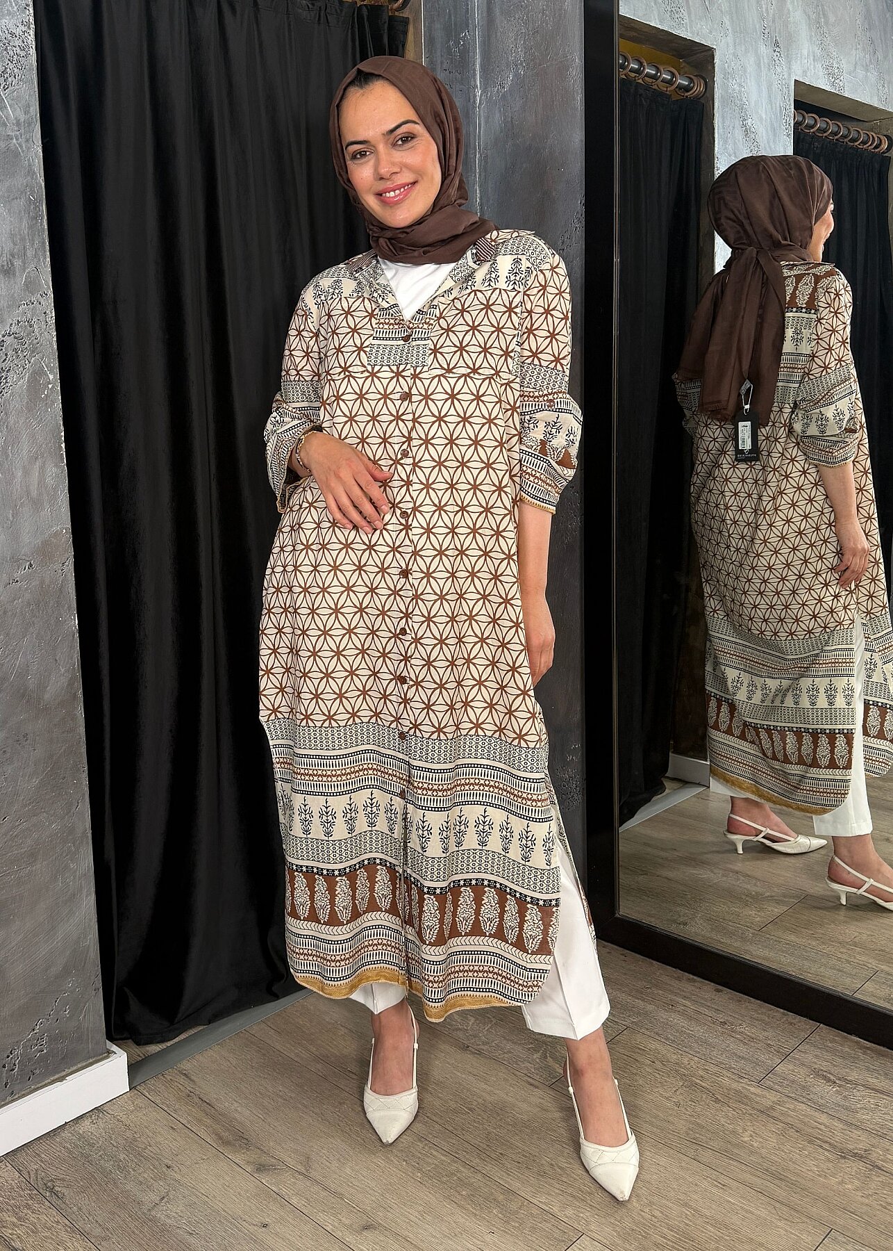 Nazlınur Collection Çift Cepli Çiçekli Elbise KAHVE - 1