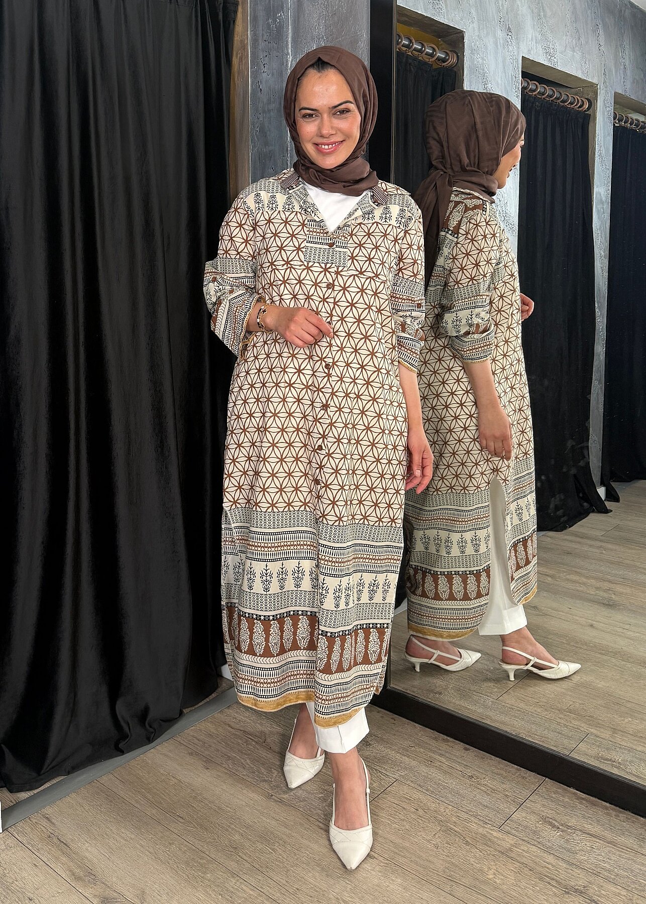 Nazlınur Collection Çift Cepli Çiçekli Elbise KAHVE - 2