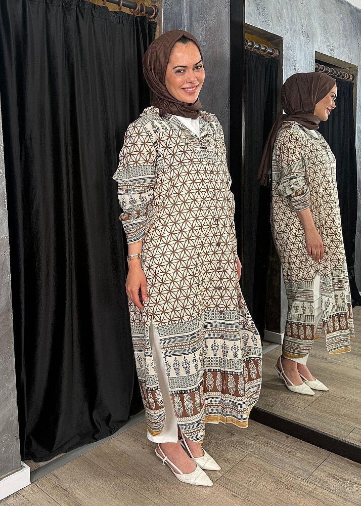 Nazlınur Collection Çift Cepli Çiçekli Elbise KAHVE - 3