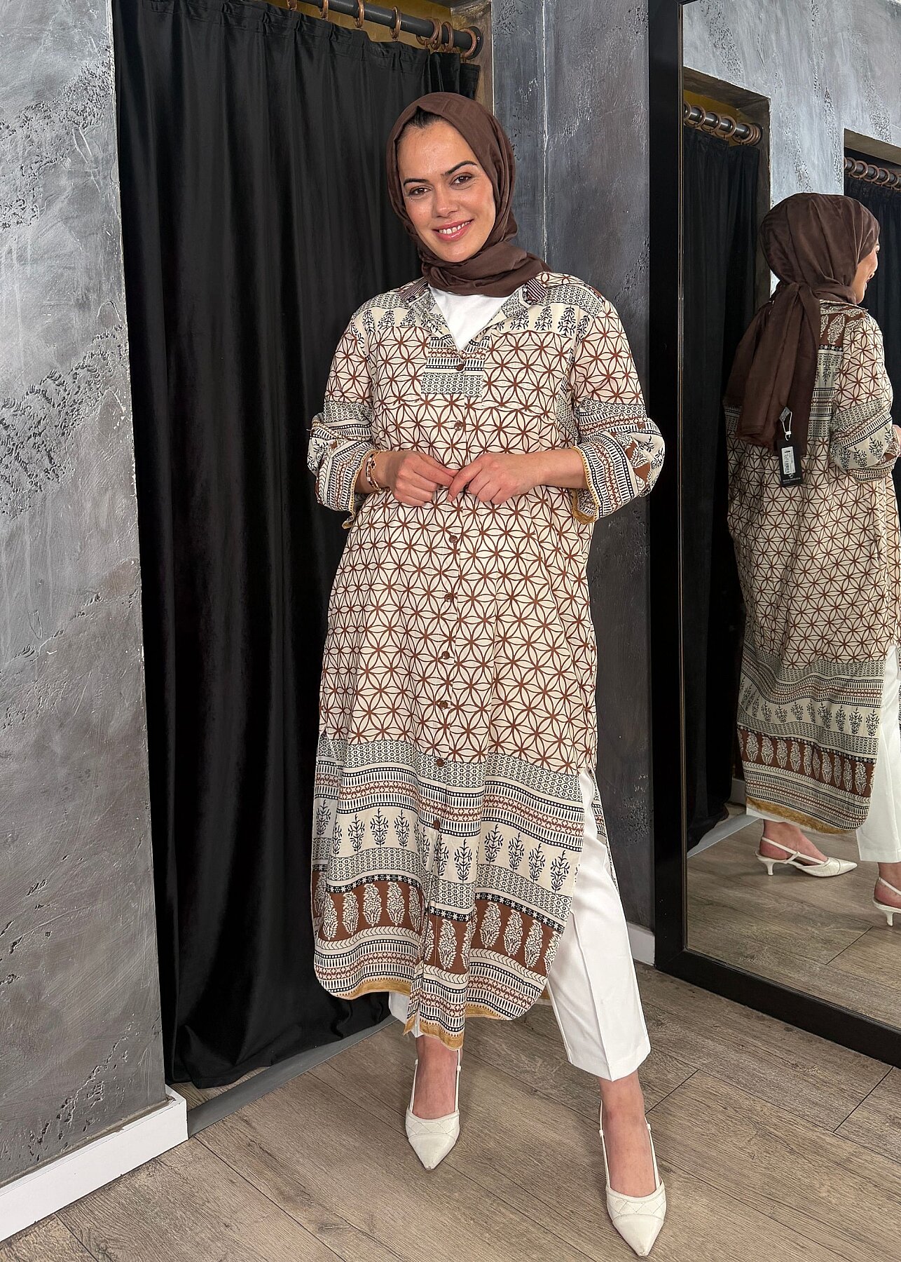 Nazlınur Collection Çift Cepli Çiçekli Elbise KAHVE - 4