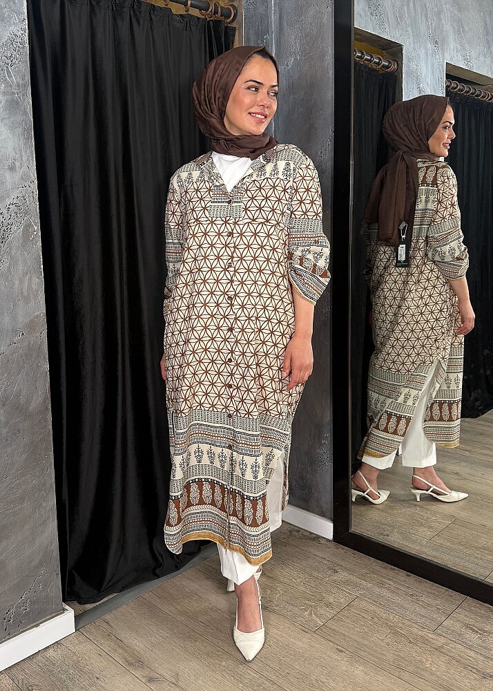 Nazlınur Collection Çift Cepli Çiçekli Elbise KAHVE - 7